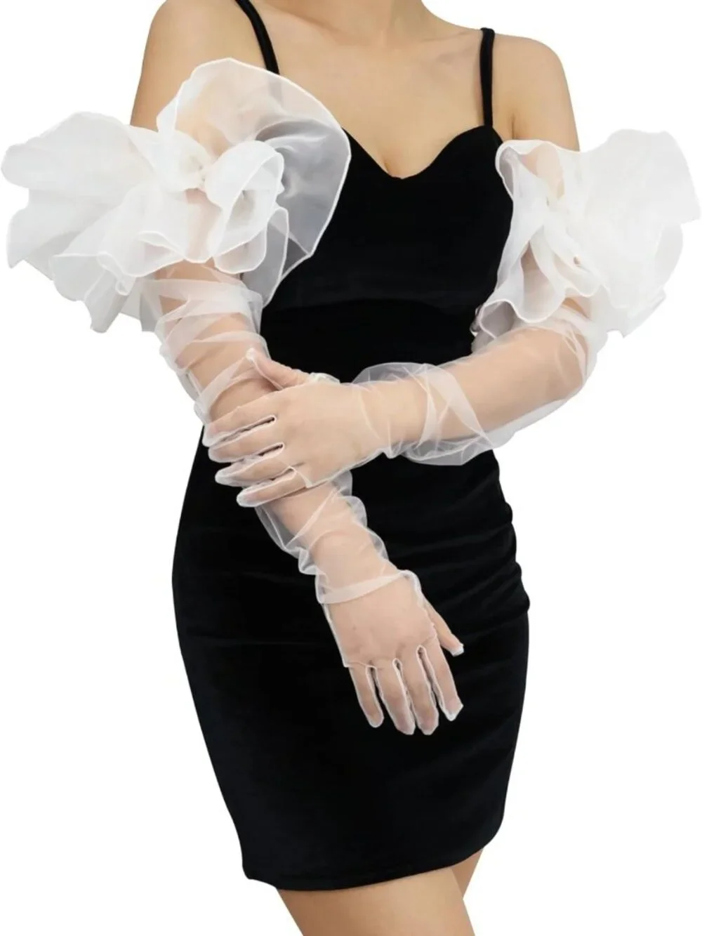Oversized Sheer Long Tulle Mesh Gloves for Women - Elegant Fashion Accessory